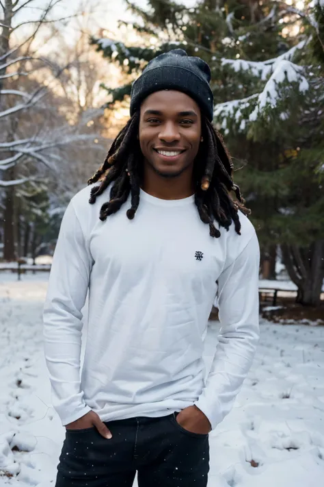 ((perfect photograph)), ((realistic)), ((8k)), (perfect face), gorgeous black man with dreadlock hair, wearing a straight long white long sleeve t-shirt and dark jeans and a black beanie, standing towards the camera, snowing, torso facing camera, wearing b...