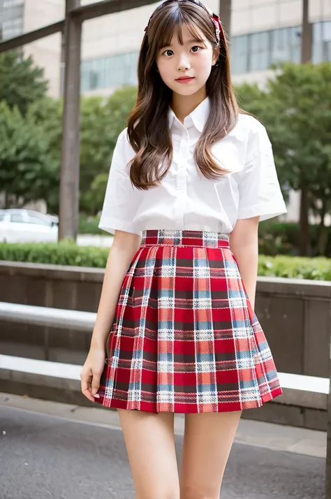 super mini skirt（Red plaid）An 18-year-old high school girl wearing a white shirt.