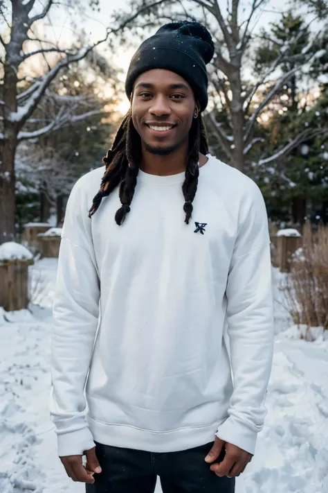 ((perfect photograph)), ((realistic)), ((8k)), (perfect face), gorgeous black man with dreadlock hair, wearing a straight long white long sweat shirt and dark jeans and a black beanie, standing towards the camera, snowing, torso facing camera, wearing blac...