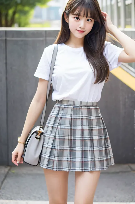 super mini skirt（Gray plaid）An 18-year-old high school girl wearing a white shirt.