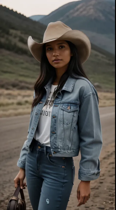 Foto hiperrealista en primer plano de Kelsey Asbille (native American ((light dark skin))) wearing dirty cloths (jeans jacket:1.1) and (blue pants:1.1), (boots:1.2), (cowboy hat) on the ranch, grey day, cinematic light, beautiful woman, skinny, large big b...