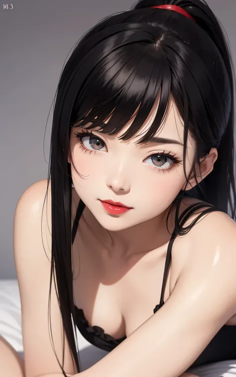 (45year old，Red lips、ponytail:1.3、full body、1woman)、 absurderes、Flat Lighting、realisticlying、ultra-detailliert、bright colour、beautiful detailed eyes、perfect eyes、detailed hair、(black hair、jet black eyes)、Delicate beautiful face，A sexy，Bed，Camisole Set、smil...