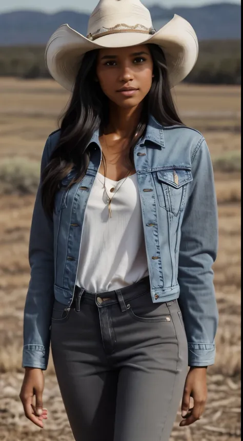 Foto hiperrealista en primer plano de Kelsey Asbille (native American ((light dark skin))) wearing dirty cloths (jeans jacket:1.1) and (blue pants:1.1), (boots:1.2), (cowboy hat) on the ranch, grey day, cinematic light, beautiful woman, skinny, large big b...