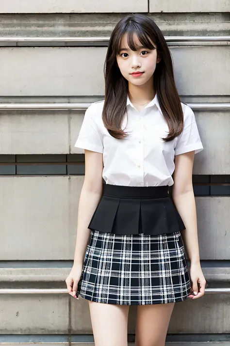 super mini skirt（black plaid）An 18-year-old high school girl wearing a white shirt.