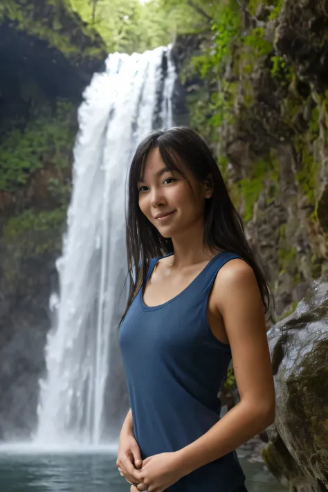 a perfect well-lit (closeup:1.15) (medium shot portrait:0.6) photograph of a beautiful woman standing inside the waterfall, wearing an intriguing hiking outfit, looking at me, a coy slight smile
