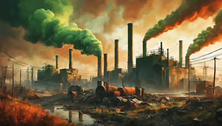 industrial pollution orange and green atmosphere concept art