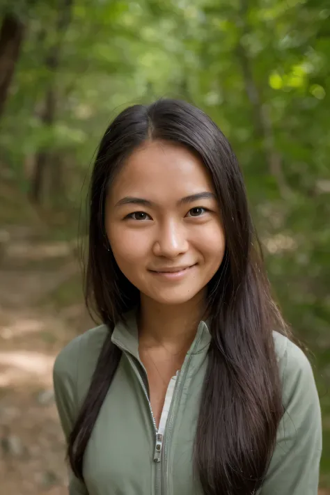 a perfect well-lit (closeup:1.15) (medium shot portrait:0.6) photograph of a beautiful woman standing on the hiking trail, wearing an intriguing outfit, looking at me, coy slight smile
