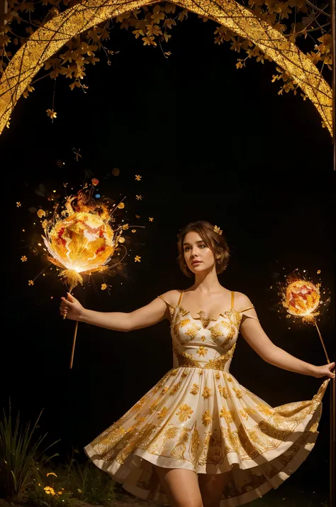 white-skinned plump woman with short brown hair wearing a dress with golden petals flying around her, in a bright floral dress, A dress made of fire,Intricate, eye-catching lighting, Elaborate Dress, flowy dress, Dramatic fairytale lighting, Fire Dress, Fr...