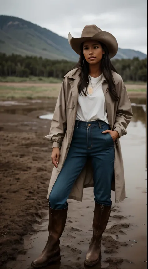 Foto hiperrealista en primer plano de Kelsey Asbille (native American ((light dark skin))) wearing dirty cloths (light brown long long raincoat:1.1) and (blue pants:1.1), (boots:1.2), (cowboy hat) on the ranch, rain, muddy ground, cinematic light, beautifu...