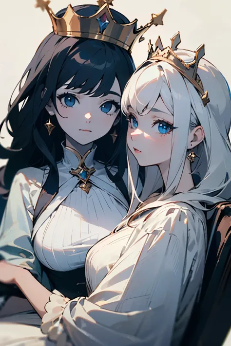 Two girls sitting side by side，A girl wears a crown and looks dignified，The other one is plainly dressed without a crown and looks pale.。((best quality)), ((masterpiece)), (detailed), perfect face