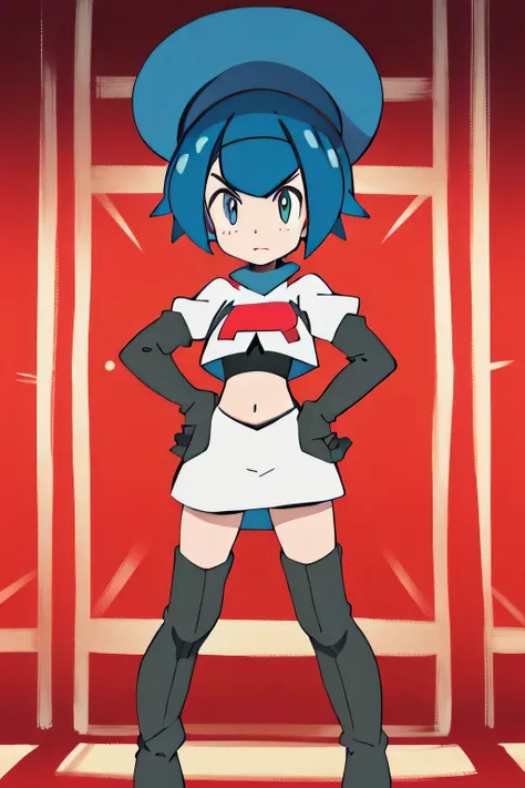 masterpiece,best quality,highres,ultra-detailed,aaevelyn,eyelashes,blue eyes,blue hair,short hair,middle part,top hat,cowboy shot, team rocket,team rocket uniform, red letter R, white skirt,white crop top,black thigh-highs,black elbow glovesteam rocket uni...