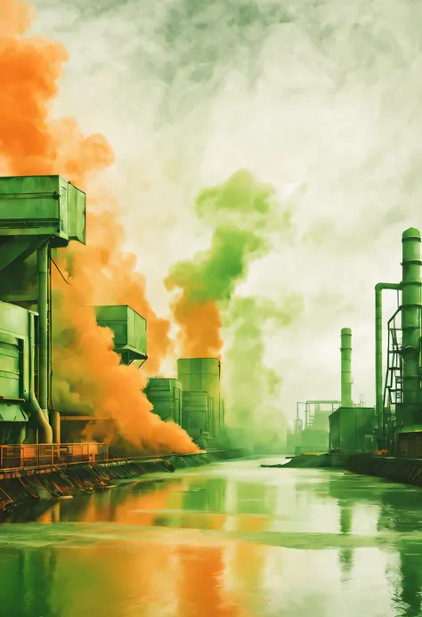 industrial pollution orange and green atmosphere concept art water color effect