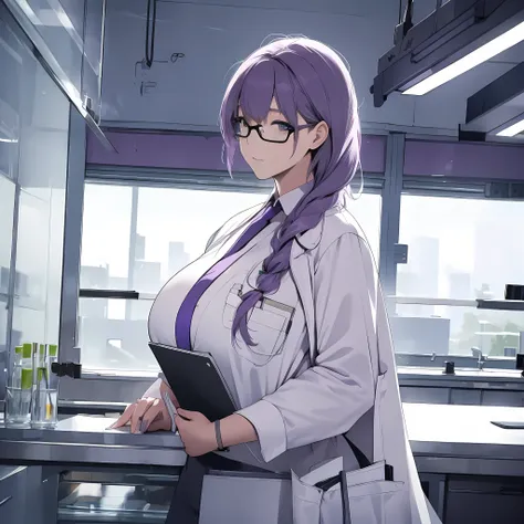 mature female in laboratory holding a clipboard while looking out the window, purple hair, big breasts