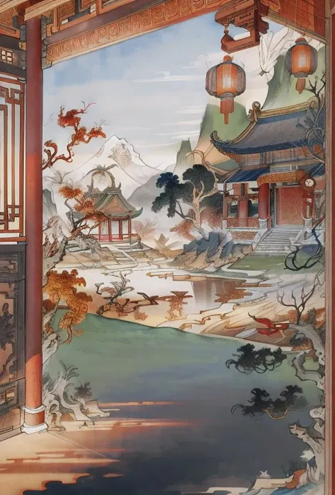 Chinese landscape painting, Monkey King, ancient building, Exhibition hall, Carved beams and painted buildings, charming scenery, inspired by martial arts, Sunlight, ink painting style, Clean colors, Decisive cutting, blank area, unarmed, masterpiece, supe...