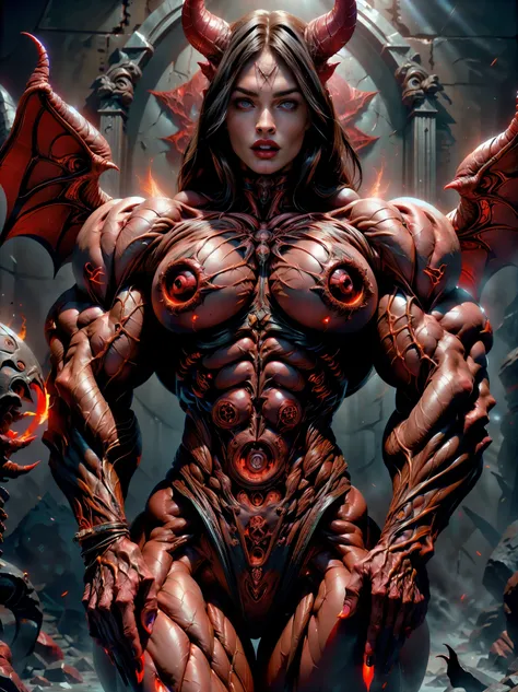 (1 girl), (megan fox:1.25), (naked:1.25), Sexy Evil naked demonic Succubus, Muscular skinless anatomy, Demon horns, demonic tech muscular bodysuit, an evil red glow emanating from her, demonic wings, Black Eyes, large veiny breasts, perfect hands, diabolic...