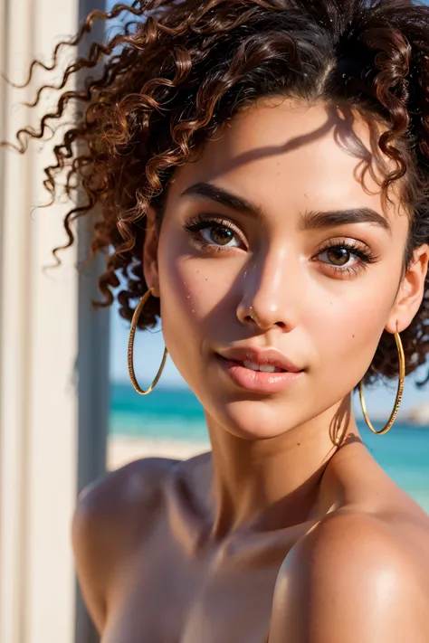 A close-up portrait shot capturing the beauty of a woman with a mesmerizing Latin-inspired appearance. Her distinct features include porcelain light skin, luscious curly hair that cascades around her face, and a slender build that exudes elegance. This mas...