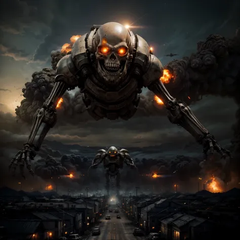 giant biological mutant zombie, alien mecha, skeleton face, giant skeleton, body all, armies at war, alien war machines, anime art, alien war atmosphere, UFOs warlike mother ships crossing the skies, nuclear bombs, apocalyptic scenario.