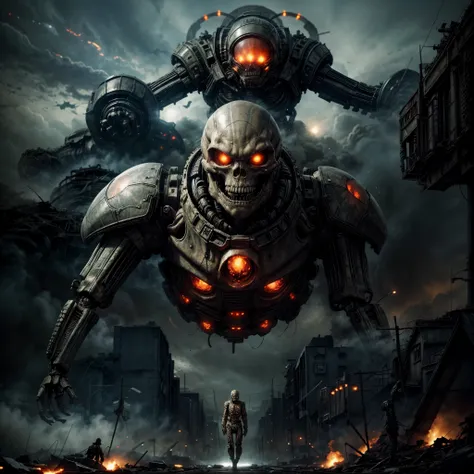 giant biological mutant zombie, alien mecha, skeleton face, giant skeleton, body all, armies at war, alien war machines, anime art, alien war atmosphere, UFOs warlike mother ships crossing the skies, nuclear bombs, apocalyptic scenario.