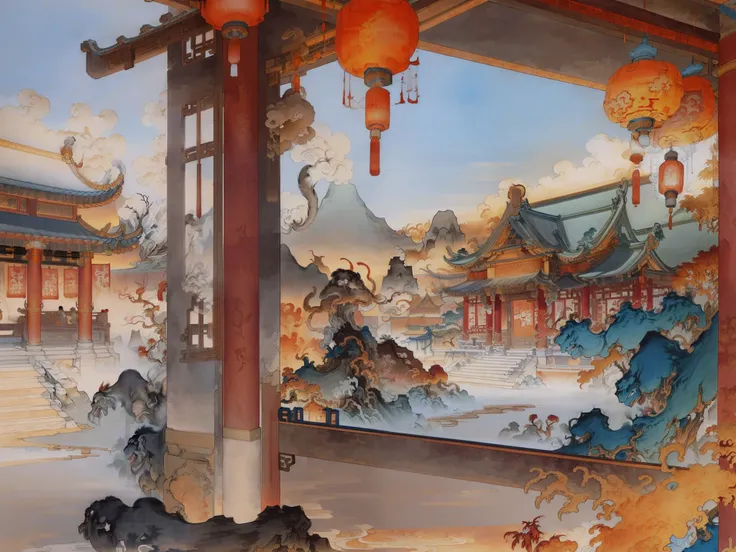 Chinese landscape painting, Monkey King, ancient building, exhibition hall, Carved beams and painted buildings, enchanting scenery, Inspired by martial arts, Sunlight, ink painting style, Clean colors, Decisive cutting, Blank area, unarmed, masterpiece, su...