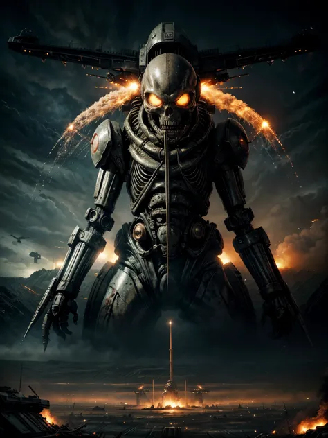 giant biological mutant zombie, alien mecha, skeleton face, giant skeleton, body all, armies at war, alien war machines, anime art, alien war atmosphere, UFOs warlike mother ships crossing the skies, nuclear bombs, apocalyptic scenario.