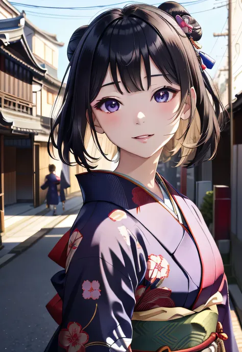 ((sengoku period scenery、kimono、highly detailed portrait of one girl standing on a street corner、face photo、superior、eerie aura ...