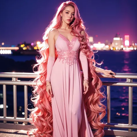 Woman, long curly hair, pink hair, standing, thoughtful, looking at the view, full body, night