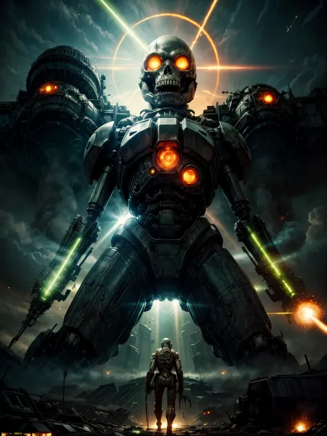 giant biological mutant zombie, alien mecha, skeleton face, giant skeleton, body all, green laser rays, armies at war, alien war machines, anime art, alien war atmosphere, UFOs warlike mother ships crossing the skies, nuclear bombs, apocalyptic scenario.