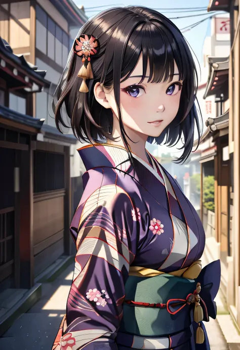 ((sengoku period scenery、kimono、highly detailed portrait of one girl standing on a street corner、face photo、close up face、front、...