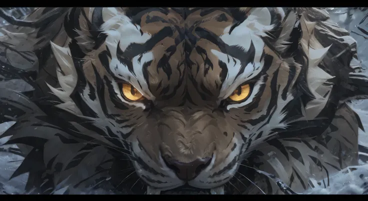 the tiger roared, front hair, high resolution, golden eyes, detailed depiction of ferocious tiger