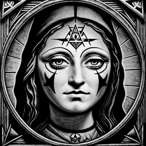 Black and white, image mona lisa three eyes with eye of providence logo on forehead, many eye of providence everywhere in background, inverted pentagram in background and demonic sigils or symbols, ram skulls, ultra realistic, SB initials watermark in corn...