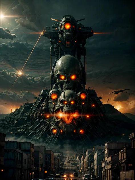 giant biological mutant zombie, alien mecha, skeleton face, giant skeleton, body all, multiple armies at war, alien war machines, anime art, alien war atmosphere, UFOs warlike mother ships crossing the skies shoting green laser rays , nuclear bombs, apocal...