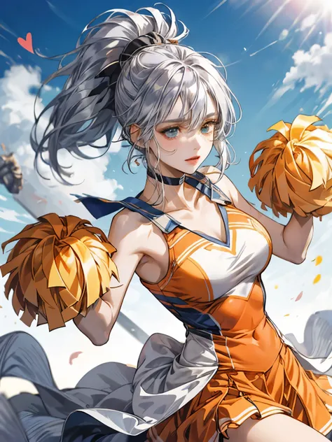 silver hair, ponytail , The Perfect Face, Holding a large sword in hand, Clear skies, heart eyes, pretty girl, orange cheerleading uniform,  clavicle,   Heterochromia, mature face ,  Clear picture, Dancing pose