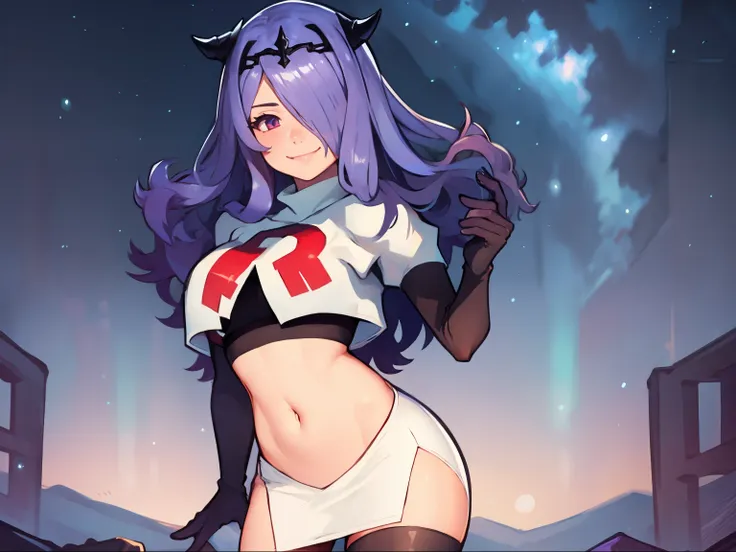 defcamilla, tiara, team rocket uniform, red letter r, white skirt,white crop top,black thigh-high boots, black elbow gloves, smi...