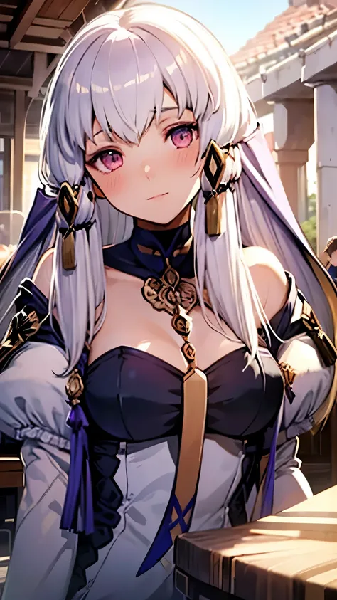 ganerate beautiful potrait of lysithea from fire emblem, on the cafe, blushing, view on camera, high angle, beautiful, stunning,...