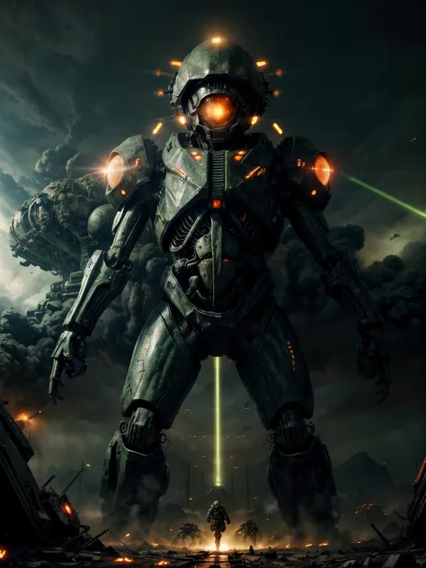 giant biological mutant zombie, alien mecha, skeleton face, giant skeleton, body all, multiple armies at war, alien war machines, anime art, alien war atmosphere, UFOs warlike mother ships crossing the skies shoting green laser rays , nuclear bombs, apocal...