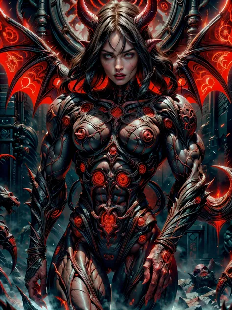 (1 girl), (megan fox:1.25), (naked:1.25), sexy evil naked demonic succubus, (muscular skinless anatomy:1.25), (large demon horns...