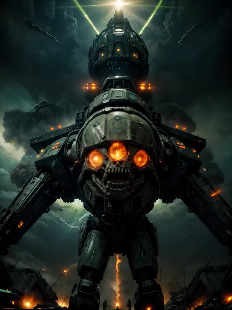 Giant biological mutant zombie, alien mecha, skeleton face, giant skeleton, body all machine guns, multiple armies at war, alien war machines, anime art, alien war atmosphere, UFOs warlike mother ships crossing the skies shoting green laser rays, cosmic te...