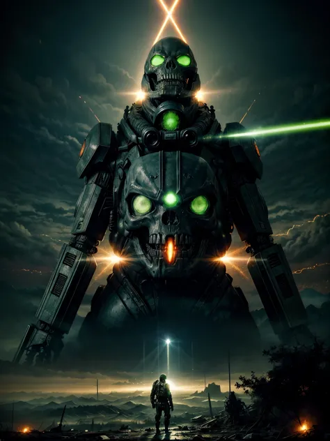 giant biological mutant zombie, alien mecha, skeleton face, giant skeleton, body all, green laser rays, armies at war, alien war machines, anime art, alien war atmosphere, UFOs warlike mother ships crossing the skies, nuclear bombs, apocalyptic scenario.