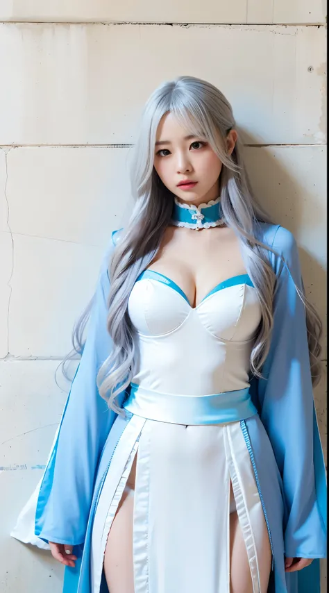 realistic, High resolution, 1 female, glowing skin, alone, wide lips,long hair,wavy hair, hip up,saggy breasts,small face,Anime character cosplay,Cosplayers,Costume costumes,white wall,concrete wall,background white,white hair,Color Contacts,Magical girl,W...