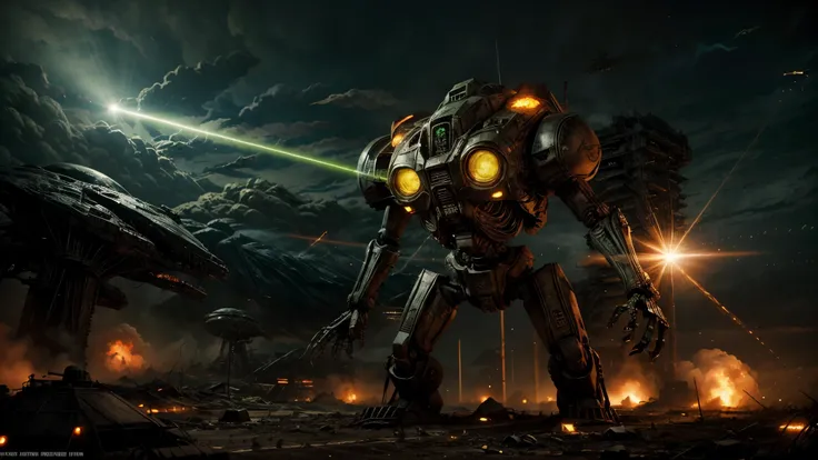 giant biological mutant zombie, alien mecha, skeleton face, giant skeleton, body all, green laser rays, armies at war, alien war machines, anime art, alien war atmosphere, UFOs warlike mother ships crossing the skies, nuclear bombs, apocalyptic scenario.