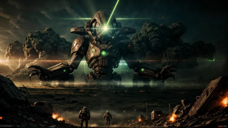 giant biological mutant zombie, alien mecha, skeleton face, giant skeleton, body all, multiple armies at war, alien war machines, anime art, alien war atmosphere, UFOs warlike mother ships crossing the skies shoting green laser rays , nuclear bombs, apocal...