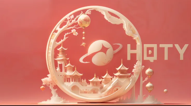 American chinese character on top of background,simple red background(santan seal moon，Leifeng Tower,west lake，lotus),super detailed，high quality，gramophone record, Ray tracing，Beautiful chinoiserie，The golden curve