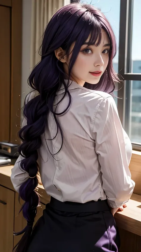 modern interior office，《Chainsaw Man》Makima in standing alone，Look back from behind。She is wearing a casual shirt、Pencil skirt and pantyhose。She has purple hair with bangs，Purple hair big breasts，long hair，thick braid，purple eyes，A kind smile，There is stil...