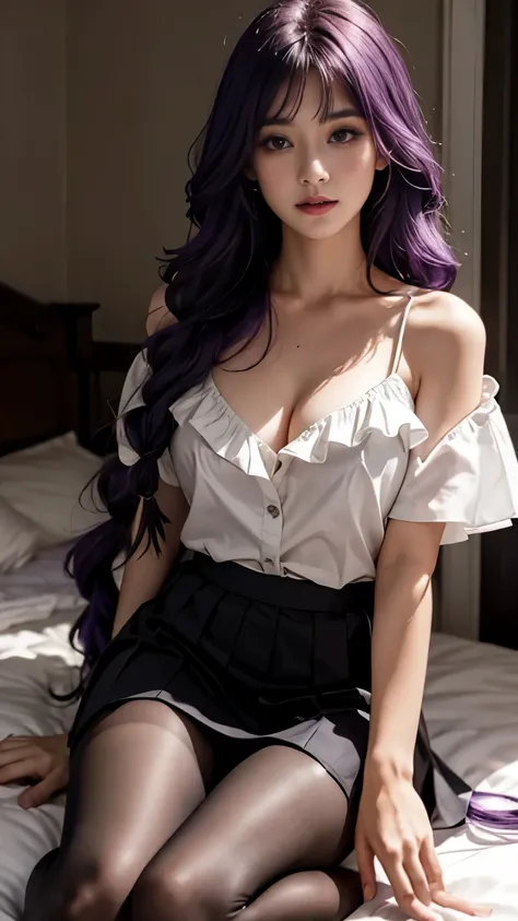 Hyper-realistic 8K CG（1girl）Tube top，No cleavage，maroon maroon，dewy skin，sweaty skin，Purple hair big breasts，long purple hair，thick braid，nylon tshirt，punk girl，beautiful purple eyes、（（perfect female figure））、Purple hair big breasts色的头发，Compact and beautif...