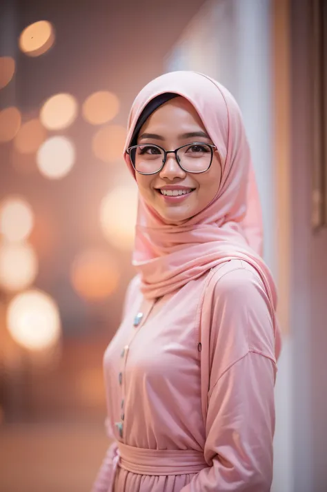 1 malay girl , plain cotton hijab, glasses, happy, smile, medium portrait shot , glances eyes , pink glowing particles, wear pastel pink cotton baju kurung, pink light bokeh background, proportional body, slim, large breast,