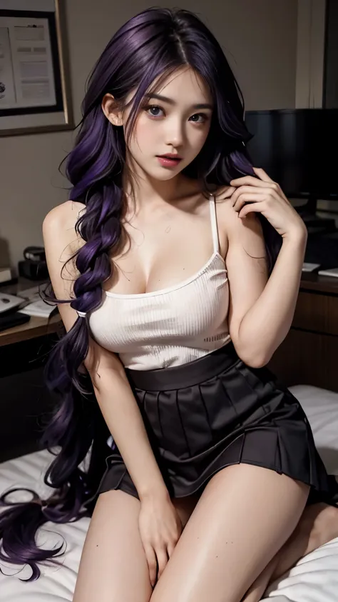 hyper-realistic 8k cg（1girl）tube top，no cleavage，maroon maroon，dewy skin，sweaty skin，purple hair big breasts，long purple hair，th...