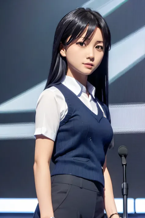 (((pixel perfect, Perfection with attention to detail))), alone, 1 girl, Chihaya Kisaragi, black hair, stage, Idol, (Light blue T-shirt, Dark blue knitted vest, Dark blue slacks), looking at the viewer, :d, anger, break (flat chest)