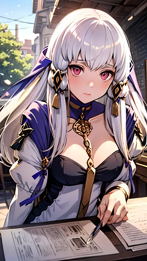 ganerate beautiful potrait of lysithea from fire emblem, on the cafe, blushing, view on camera, high angle, beautiful, stunning,...