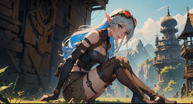 masterpiece, high quality, 1_woman, ((full body)), sexy pose, sitting, sitting on ground, (exotic skin_complexion:1.4),mature, looking away from viewer, tall, beautiful, exotic, with long elf ears, looking to the side, long hair, silver hair, detailed face...