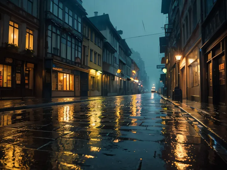 (rainy night, masterpiece, best quality, super detail),dark atmosphere,cityscape,lit by dim streetlights,glowing reflections on wet pavement,wet cobblestone streets,glimmering raindrops,misty fog enveloping the scene,shimmering neon lights in the distance,...